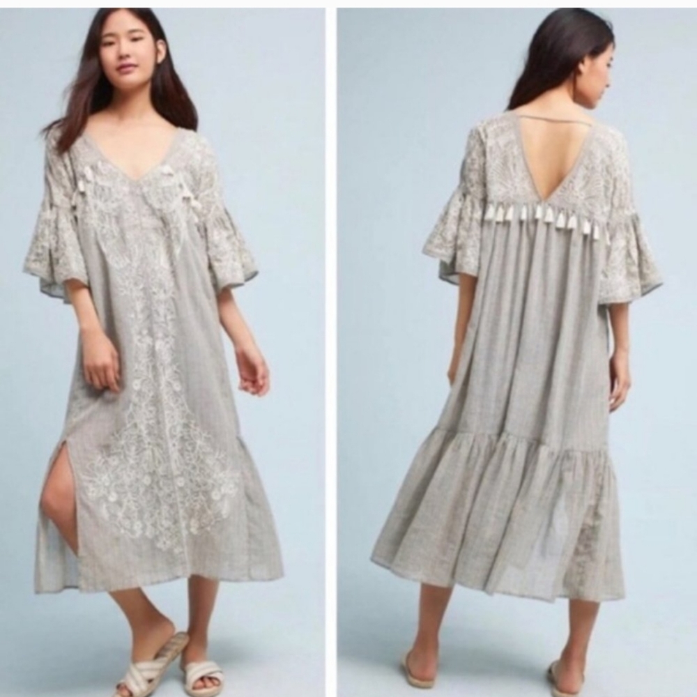 Anthro Maeve Tisdal Embroidered Tassel Gray with yellow Stripe Dress